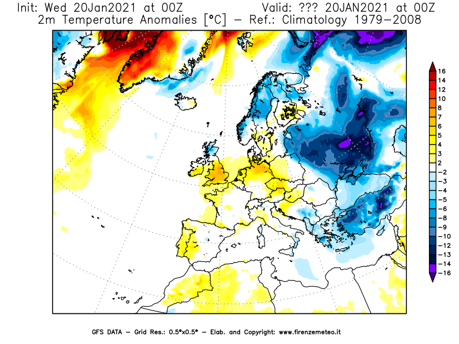 Mappa di analisi GFS - Anomalia Temperatura [°C] a 2 m in Europa
							del 20/01/2021 00 <!--googleoff: index-->UTC<!--googleon: index-->