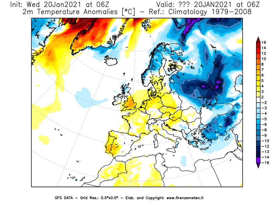 Mappa di analisi GFS - Anomalia Temperatura [°C] a 2 m in Europa
							del 20/01/2021 06 <!--googleoff: index-->UTC<!--googleon: index-->