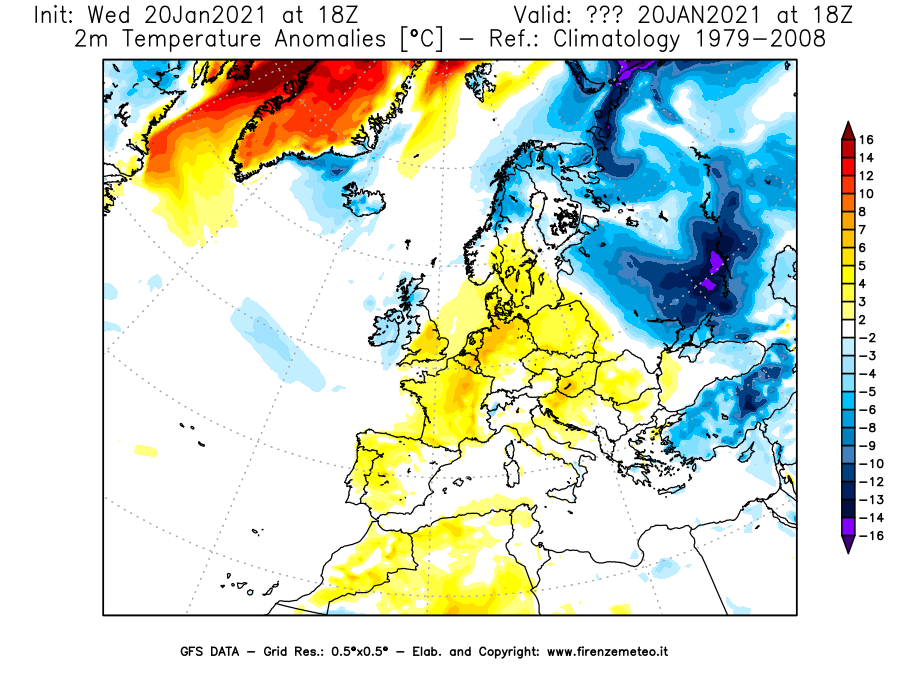 Mappa di analisi GFS - Anomalia Temperatura [°C] a 2 m in Europa
									del 20/01/2021 18 <!--googleoff: index-->UTC<!--googleon: index-->