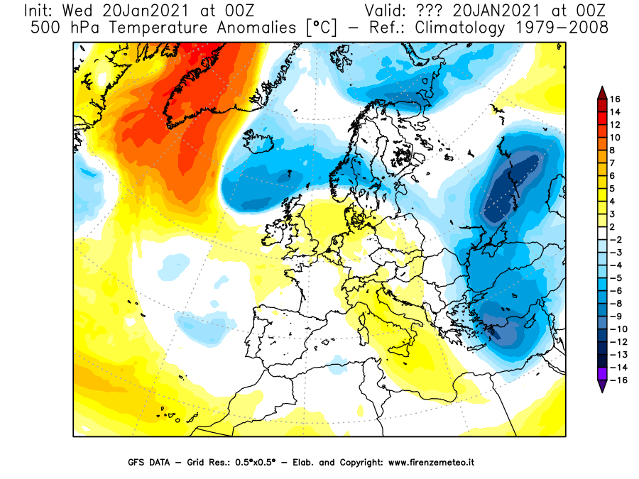 Mappa di analisi GFS - Anomalia Temperatura [°C] a 500 hPa in Europa
							del 20/01/2021 00 <!--googleoff: index-->UTC<!--googleon: index-->