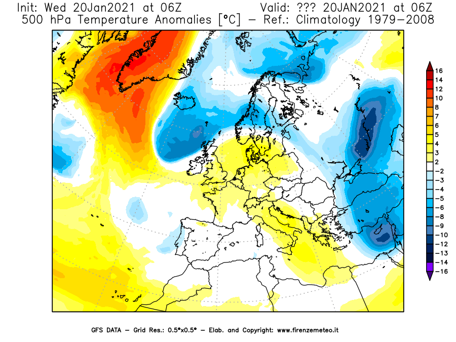 Mappa di analisi GFS - Anomalia Temperatura [°C] a 500 hPa in Europa
							del 20/01/2021 06 <!--googleoff: index-->UTC<!--googleon: index-->