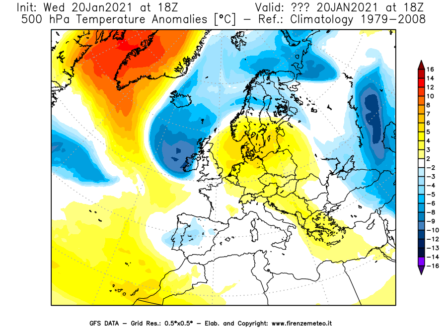 Mappa di analisi GFS - Anomalia Temperatura [°C] a 500 hPa in Europa
							del 20/01/2021 18 <!--googleoff: index-->UTC<!--googleon: index-->