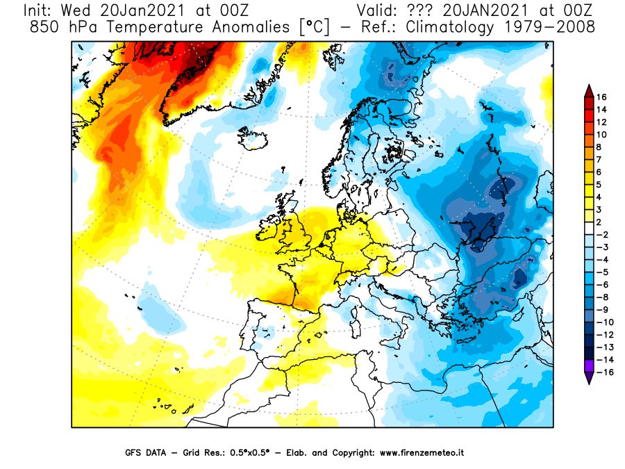 Mappa di analisi GFS - Anomalia Temperatura [°C] a 850 hPa in Europa
							del 20/01/2021 00 <!--googleoff: index-->UTC<!--googleon: index-->