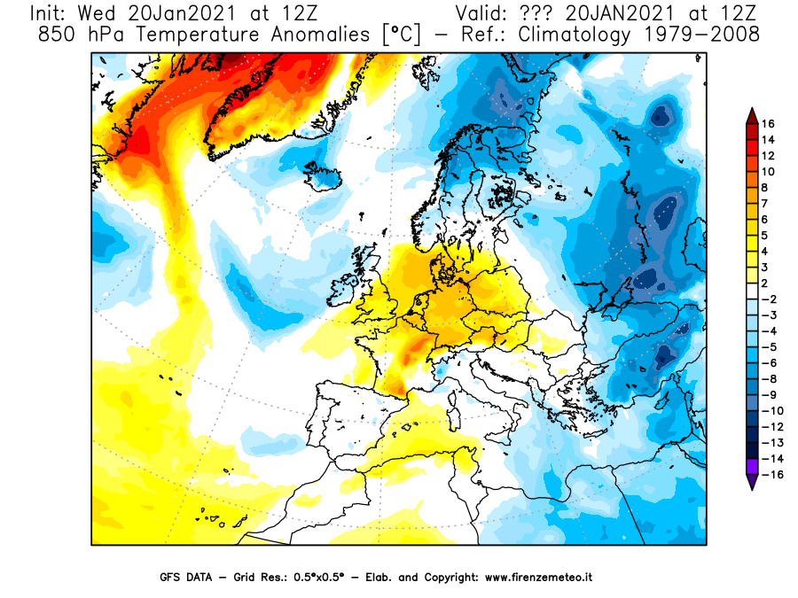 Mappa di analisi GFS - Anomalia Temperatura [°C] a 850 hPa in Europa
							del 20/01/2021 12 <!--googleoff: index-->UTC<!--googleon: index-->