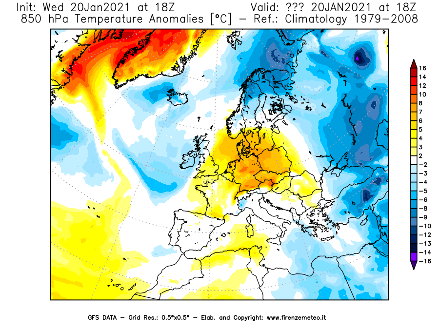 Mappa di analisi GFS - Anomalia Temperatura [°C] a 850 hPa in Europa
							del 20/01/2021 18 <!--googleoff: index-->UTC<!--googleon: index-->