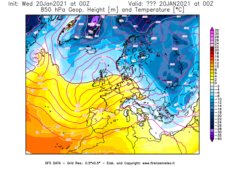 Mappa di analisi GFS - Geopotenziale [m] e Temperatura [°C] a 850 hPa in Europa
									del 20/01/2021 00 <!--googleoff: index-->UTC<!--googleon: index-->