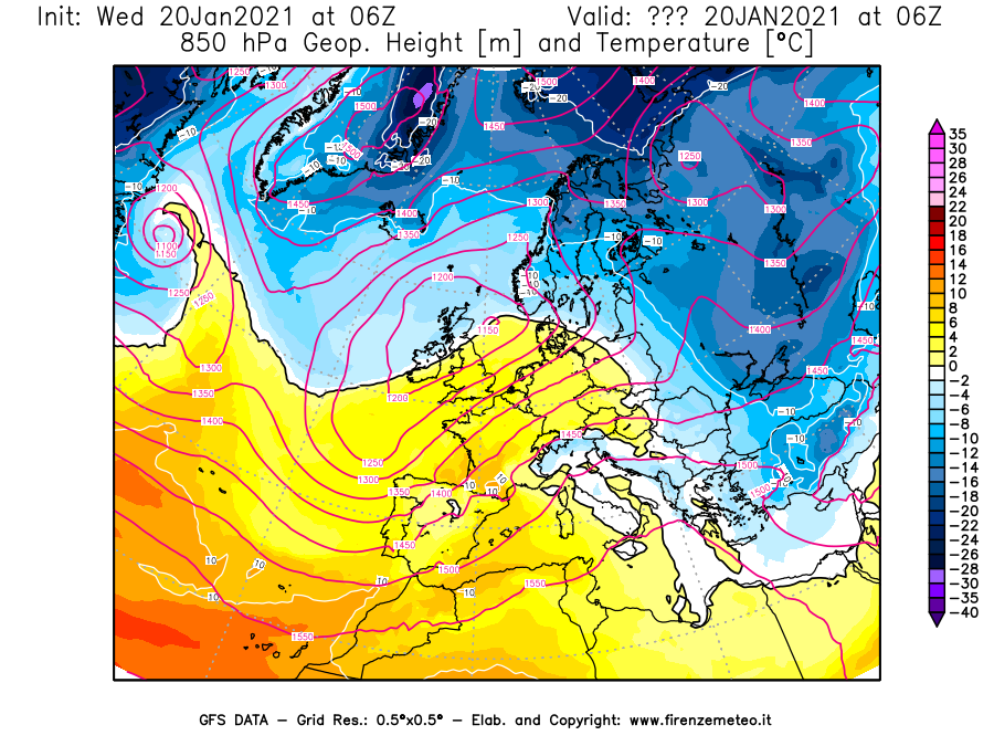 Mappa di analisi GFS - Geopotenziale [m] e Temperatura [°C] a 850 hPa in Europa
							del 20/01/2021 06 <!--googleoff: index-->UTC<!--googleon: index-->