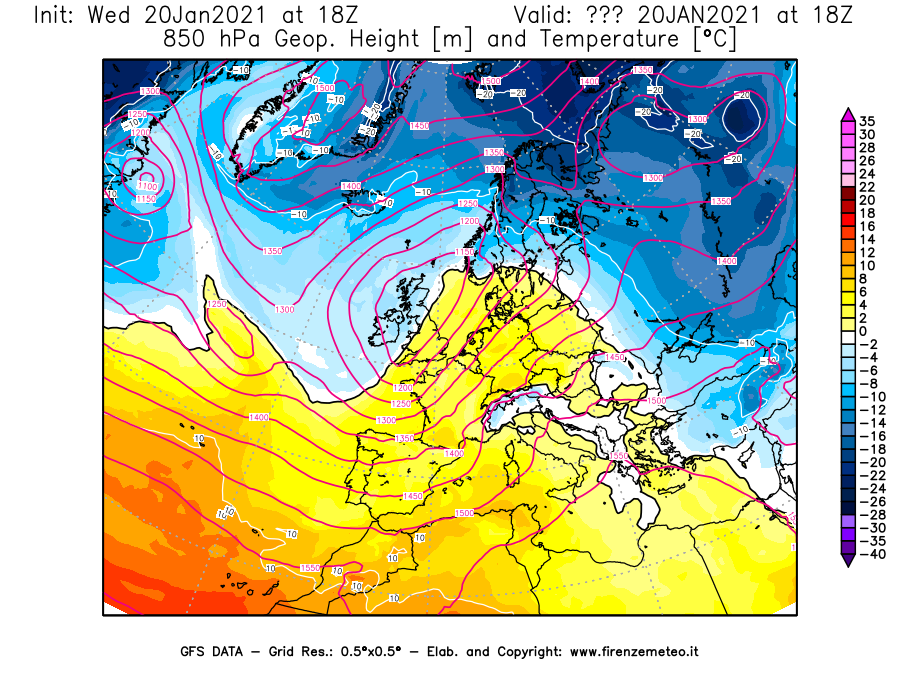 Mappa di analisi GFS - Geopotenziale [m] e Temperatura [°C] a 850 hPa in Europa
							del 20/01/2021 18 <!--googleoff: index-->UTC<!--googleon: index-->