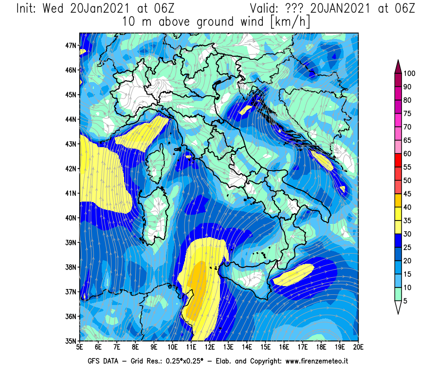 Mappa di analisi GFS - Velocità del vento a 10 metri dal suolo [km/h] in Italia
							del 20/01/2021 06 <!--googleoff: index-->UTC<!--googleon: index-->