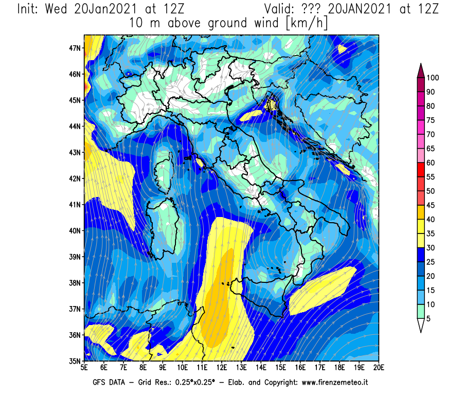 Mappa di analisi GFS - Velocità del vento a 10 metri dal suolo [km/h] in Italia
									del 20/01/2021 12 <!--googleoff: index-->UTC<!--googleon: index-->