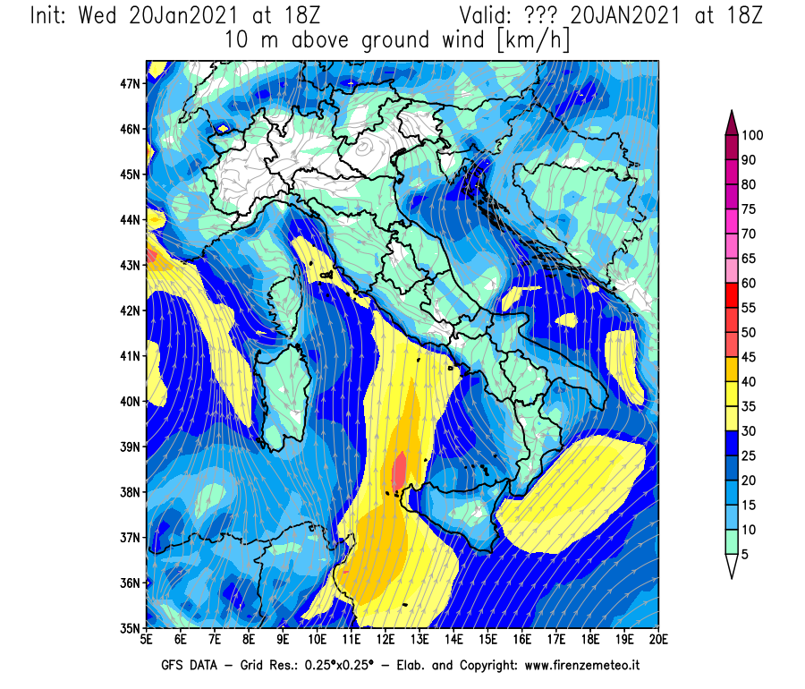 Mappa di analisi GFS - Velocità del vento a 10 metri dal suolo [km/h] in Italia
							del 20/01/2021 18 <!--googleoff: index-->UTC<!--googleon: index-->