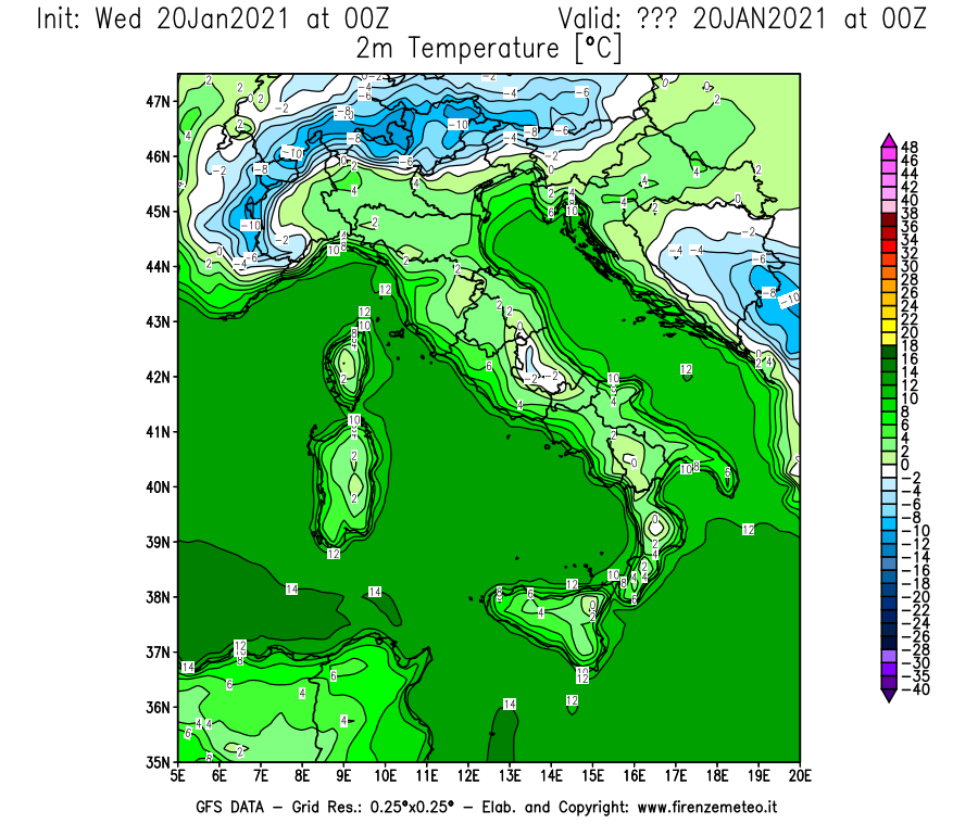 Mappa di analisi GFS - Temperatura a 2 metri dal suolo [°C] in Italia
							del 20/01/2021 00 <!--googleoff: index-->UTC<!--googleon: index-->