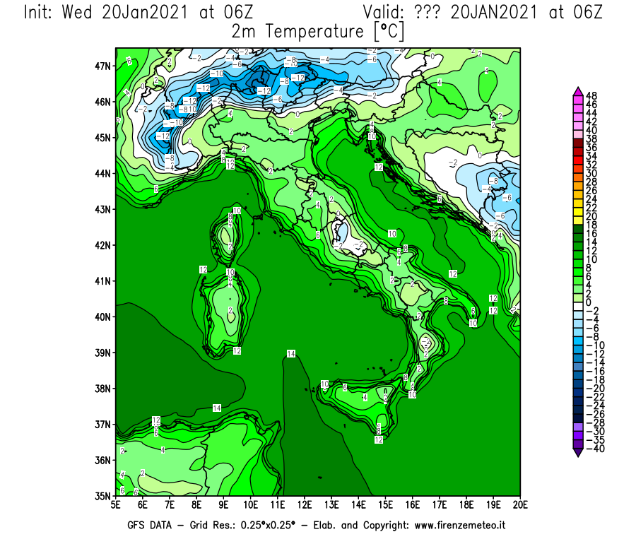 Mappa di analisi GFS - Temperatura a 2 metri dal suolo [°C] in Italia
									del 20/01/2021 06 <!--googleoff: index-->UTC<!--googleon: index-->
