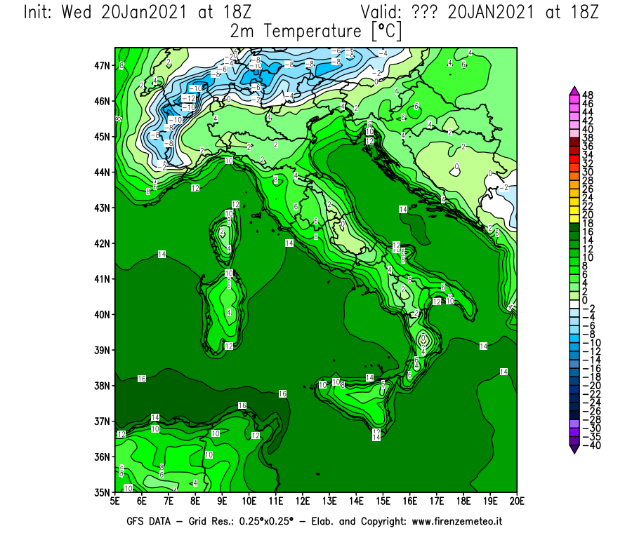 Mappa di analisi GFS - Temperatura a 2 metri dal suolo [°C] in Italia
									del 20/01/2021 18 <!--googleoff: index-->UTC<!--googleon: index-->