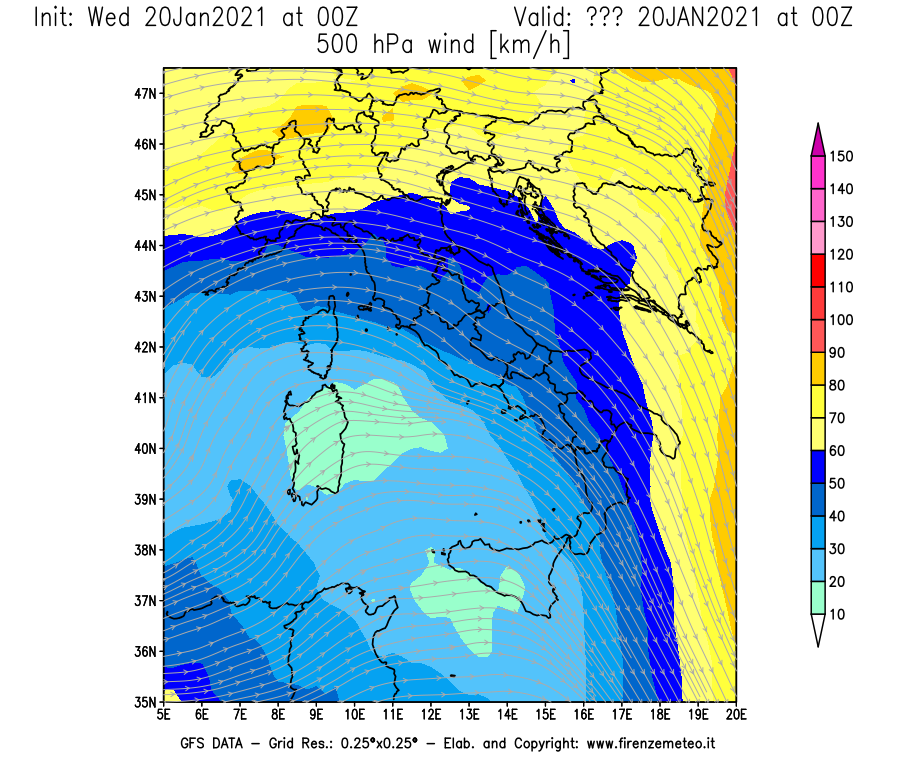 Mappa di analisi GFS - Velocità del vento a 500 hPa [km/h] in Italia
									del 20/01/2021 00 <!--googleoff: index-->UTC<!--googleon: index-->