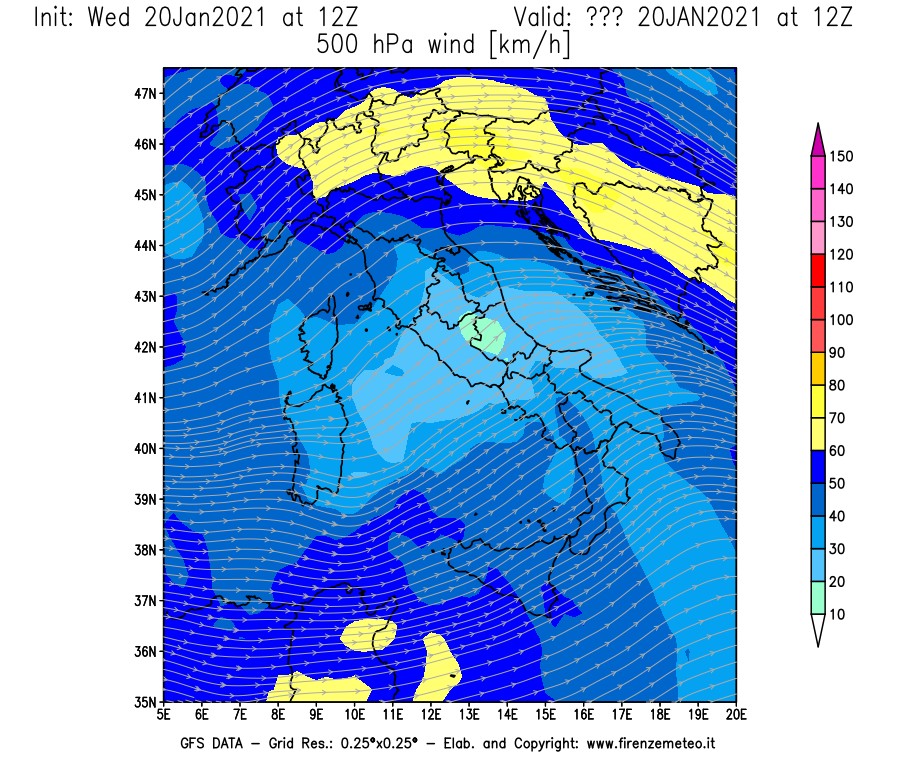 Mappa di analisi GFS - Velocità del vento a 500 hPa [km/h] in Italia
									del 20/01/2021 12 <!--googleoff: index-->UTC<!--googleon: index-->