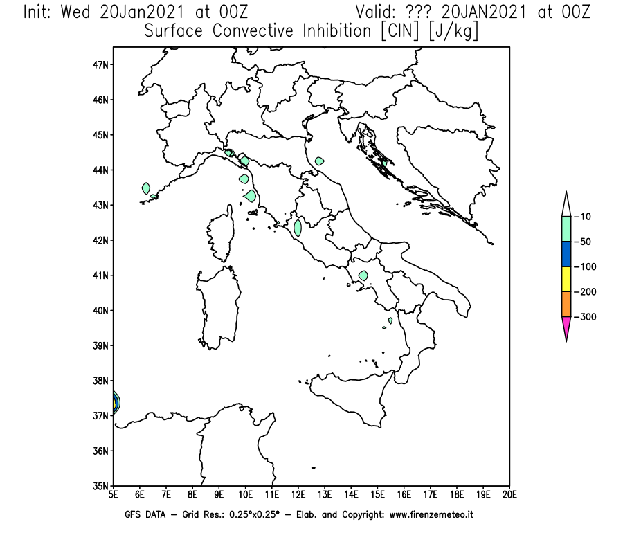 Mappa di analisi GFS - CIN [J/kg] in Italia
							del 20/01/2021 00 <!--googleoff: index-->UTC<!--googleon: index-->