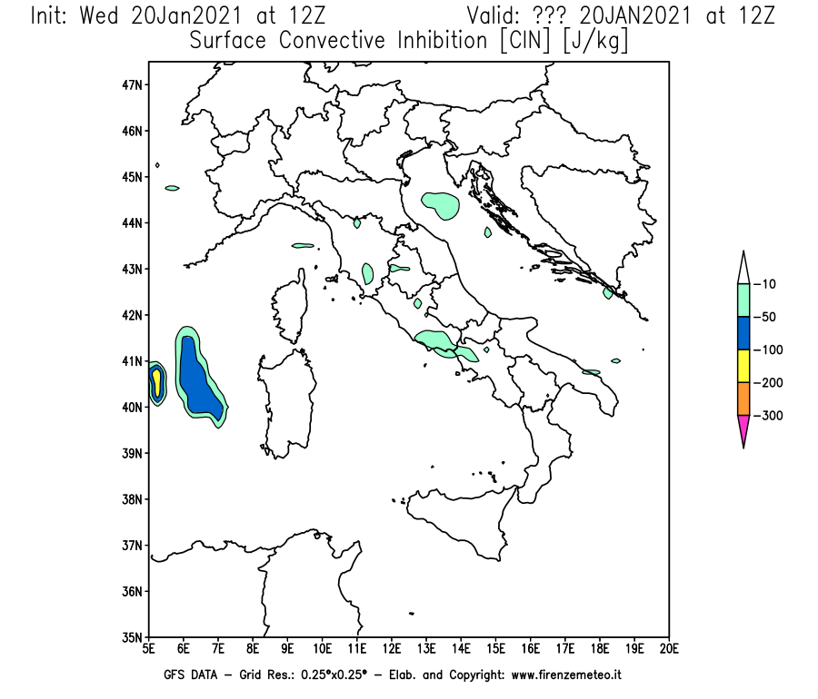 Mappa di analisi GFS - CIN [J/kg] in Italia
									del 20/01/2021 12 <!--googleoff: index-->UTC<!--googleon: index-->