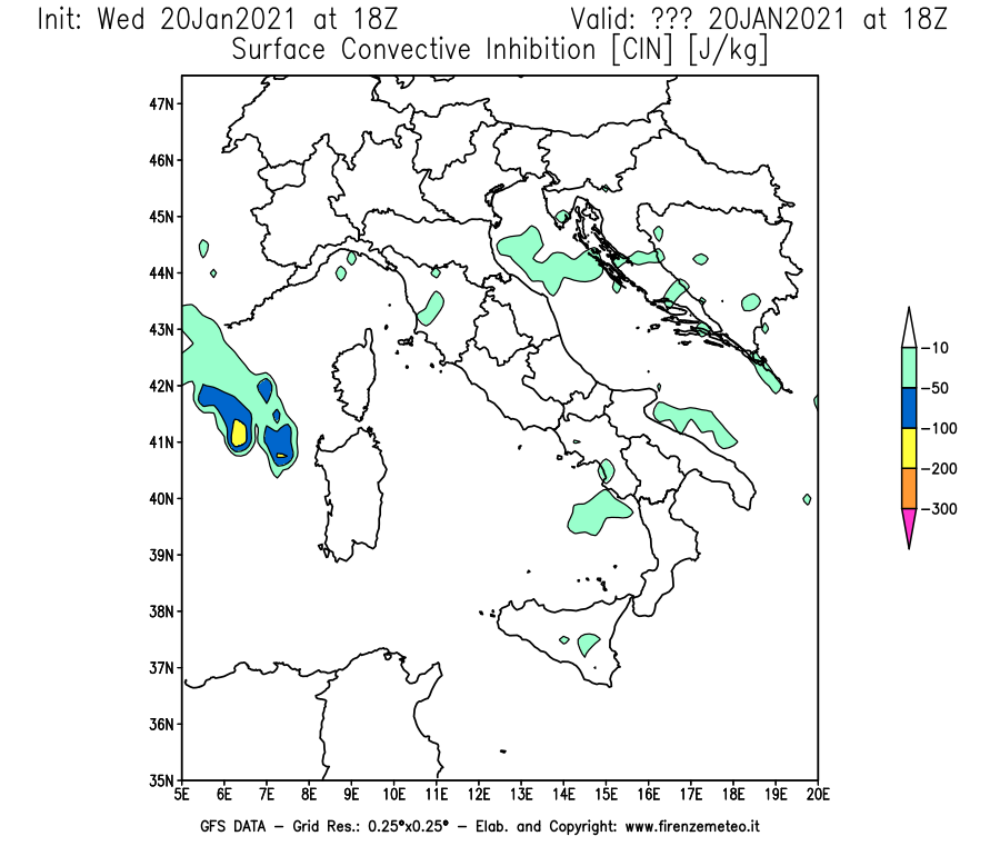 Mappa di analisi GFS - CIN [J/kg] in Italia
							del 20/01/2021 18 <!--googleoff: index-->UTC<!--googleon: index-->