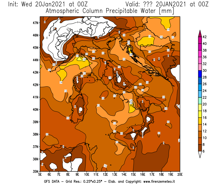 Mappa di analisi GFS - Precipitable Water [mm] in Italia
							del 20/01/2021 00 <!--googleoff: index-->UTC<!--googleon: index-->