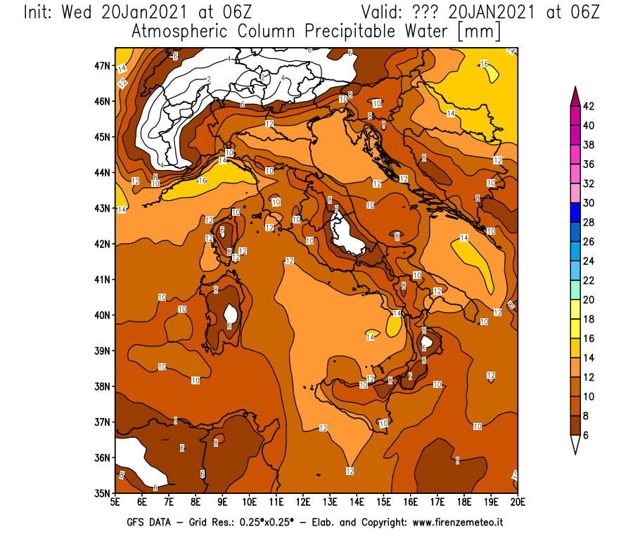 Mappa di analisi GFS - Precipitable Water [mm] in Italia
									del 20/01/2021 06 <!--googleoff: index-->UTC<!--googleon: index-->