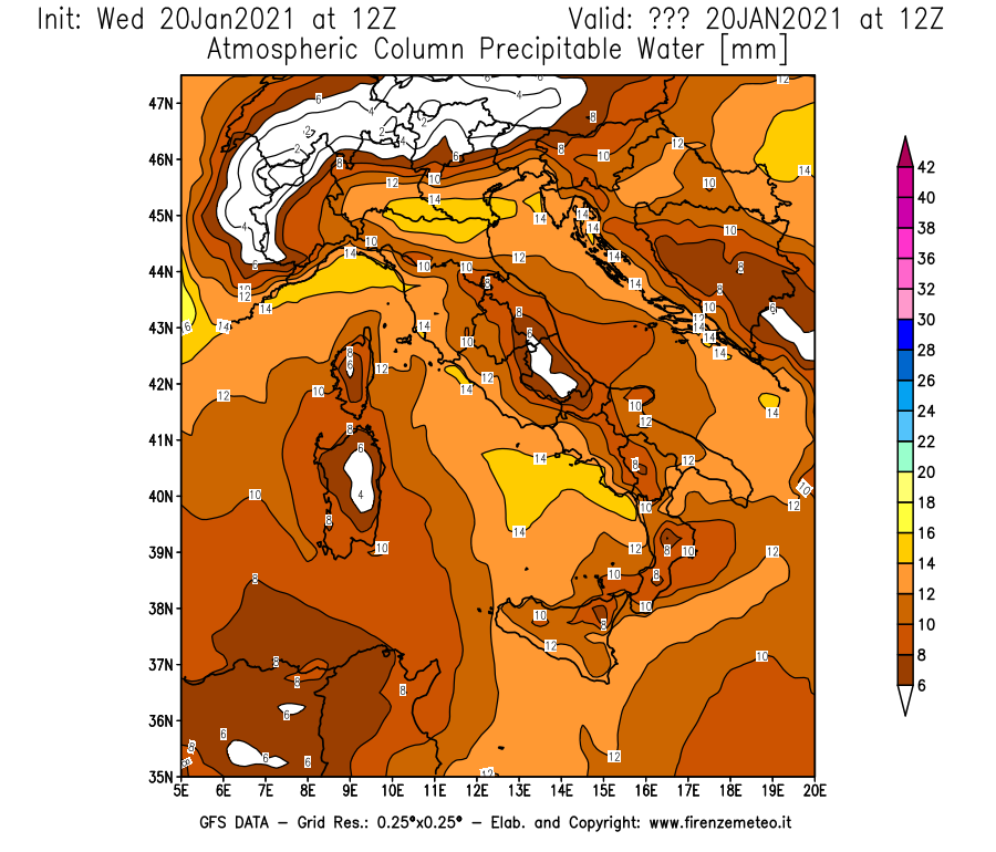 Mappa di analisi GFS - Precipitable Water [mm] in Italia
									del 20/01/2021 12 <!--googleoff: index-->UTC<!--googleon: index-->
