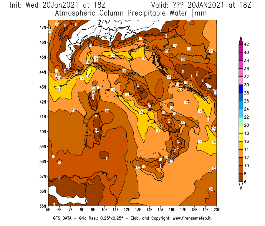 Mappa di analisi GFS - Precipitable Water [mm] in Italia
									del 20/01/2021 18 <!--googleoff: index-->UTC<!--googleon: index-->