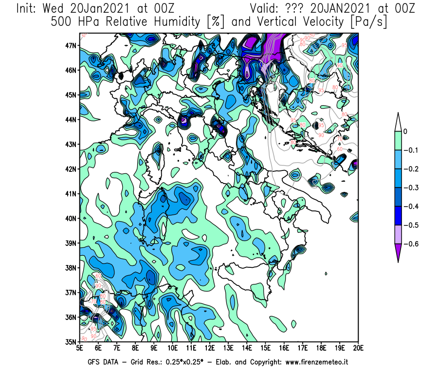 Mappa di analisi GFS - Umidità relativa [%] e Omega [Pa/s] a 500 hPa in Italia
							del 20/01/2021 00 <!--googleoff: index-->UTC<!--googleon: index-->