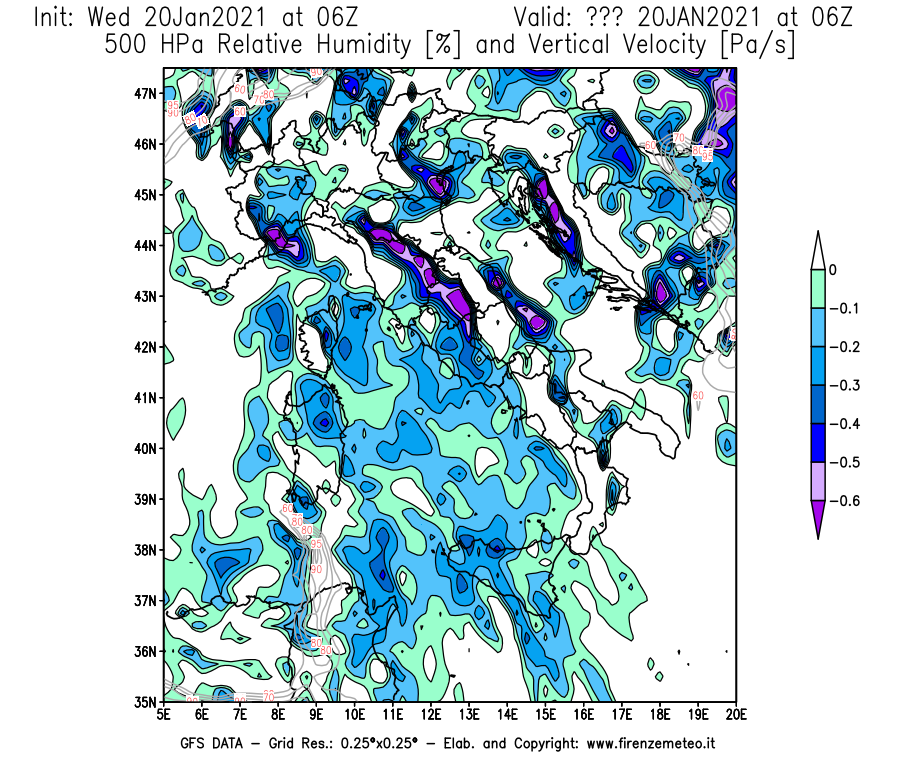 Mappa di analisi GFS - Umidità relativa [%] e Omega [Pa/s] a 500 hPa in Italia
									del 20/01/2021 06 <!--googleoff: index-->UTC<!--googleon: index-->