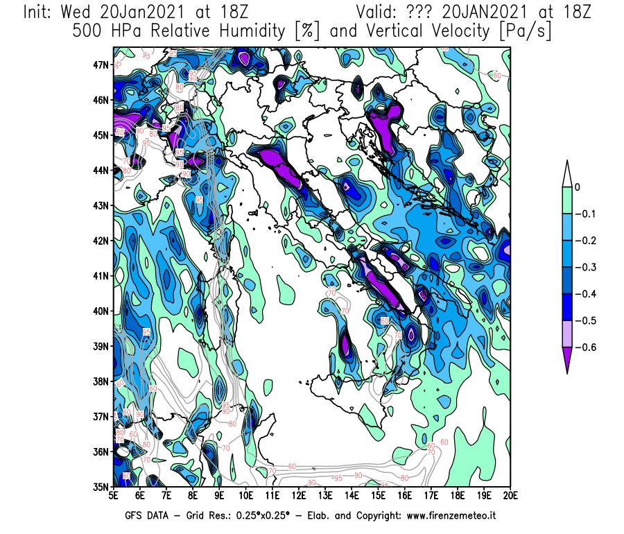 Mappa di analisi GFS - Umidità relativa [%] e Omega [Pa/s] a 500 hPa in Italia
									del 20/01/2021 18 <!--googleoff: index-->UTC<!--googleon: index-->