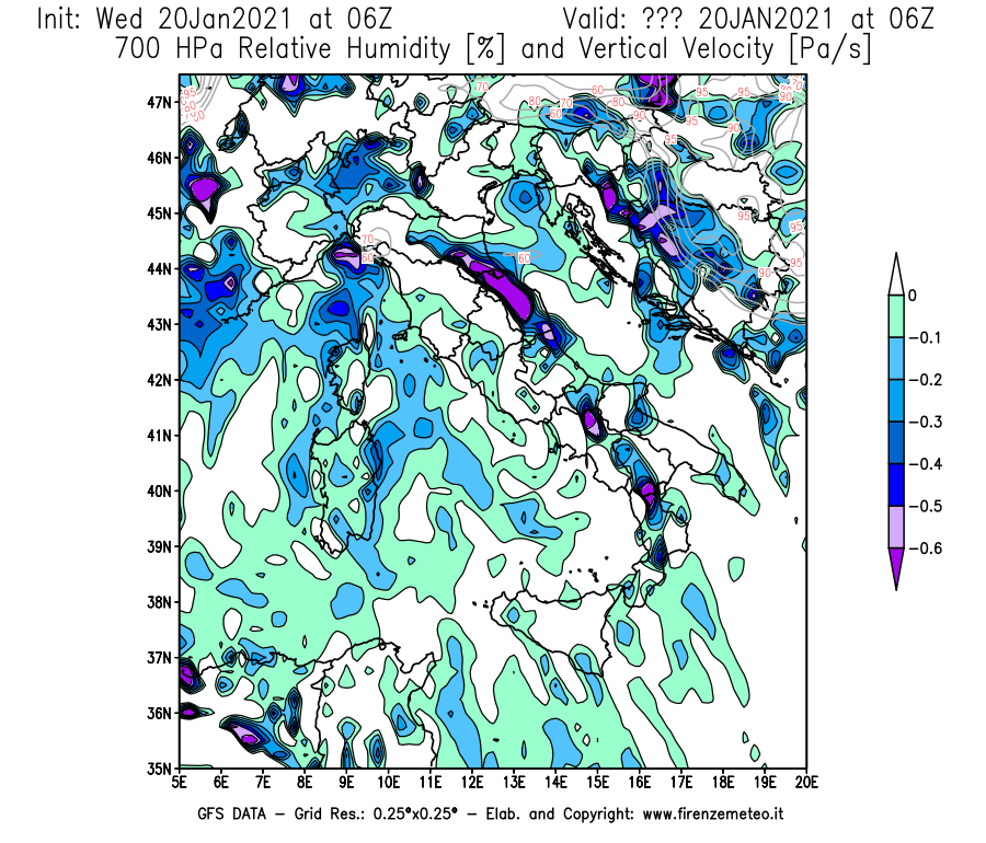 Mappa di analisi GFS - Umidità relativa [%] e Omega [Pa/s] a 700 hPa in Italia
							del 20/01/2021 06 <!--googleoff: index-->UTC<!--googleon: index-->