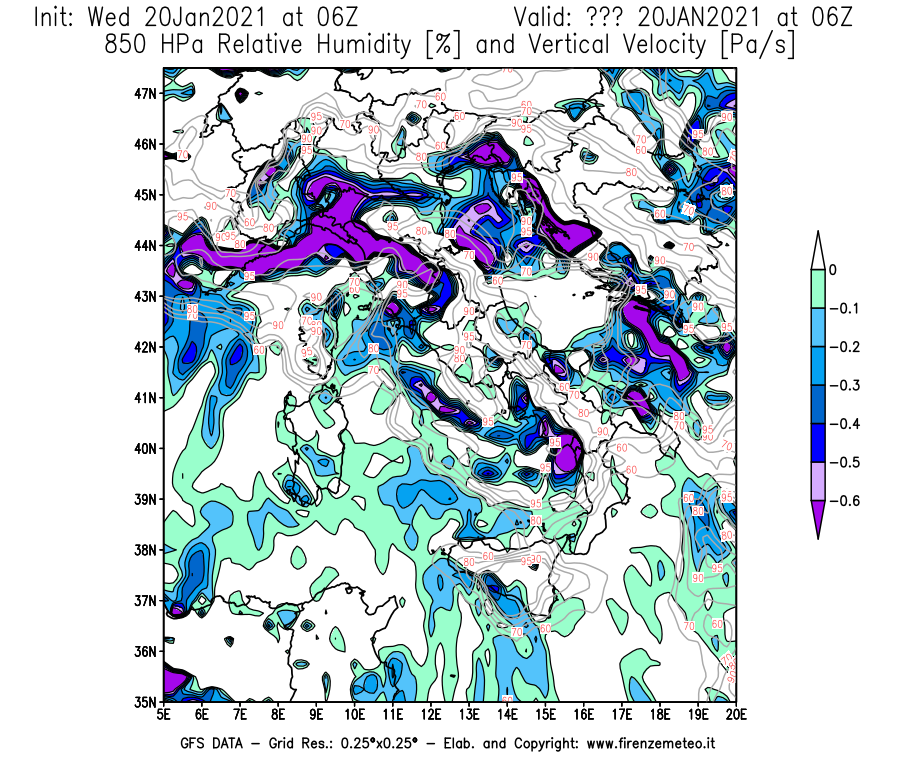 Mappa di analisi GFS - Umidità relativa [%] e Omega [Pa/s] a 850 hPa in Italia
							del 20/01/2021 06 <!--googleoff: index-->UTC<!--googleon: index-->