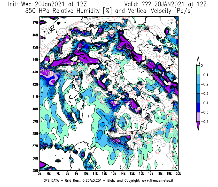 Mappa di analisi GFS - Umidità relativa [%] e Omega [Pa/s] a 850 hPa in Italia
							del 20/01/2021 12 <!--googleoff: index-->UTC<!--googleon: index-->
