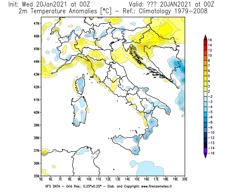 Mappa di analisi GFS - Anomalia Temperatura [°C] a 2 m in Italia
							del 20/01/2021 00 <!--googleoff: index-->UTC<!--googleon: index-->