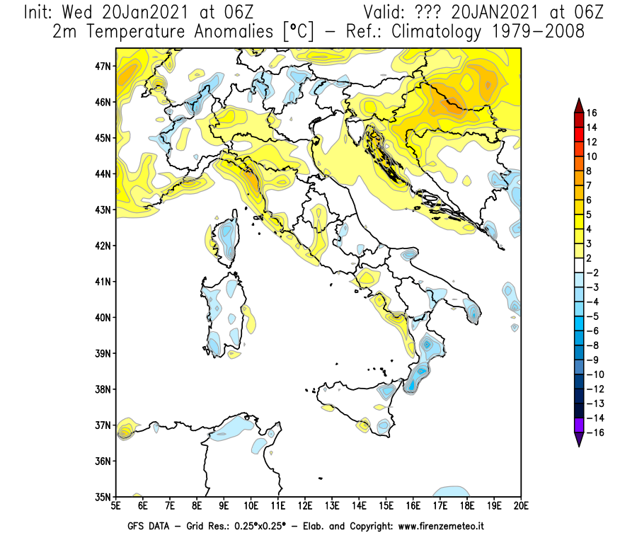 Mappa di analisi GFS - Anomalia Temperatura [°C] a 2 m in Italia
									del 20/01/2021 06 <!--googleoff: index-->UTC<!--googleon: index-->