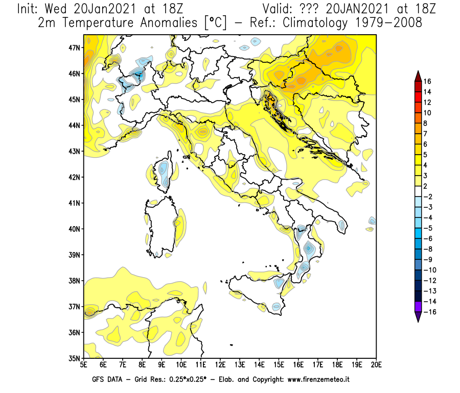 Mappa di analisi GFS - Anomalia Temperatura [°C] a 2 m in Italia
							del 20/01/2021 18 <!--googleoff: index-->UTC<!--googleon: index-->
