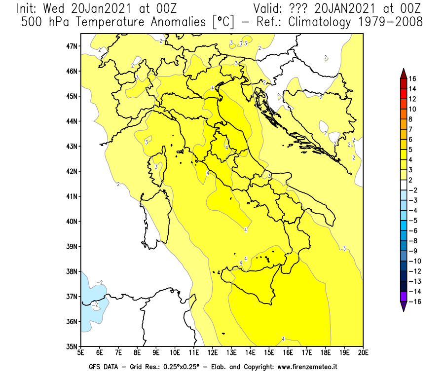 Mappa di analisi GFS - Anomalia Temperatura [°C] a 500 hPa in Italia
							del 20/01/2021 00 <!--googleoff: index-->UTC<!--googleon: index-->