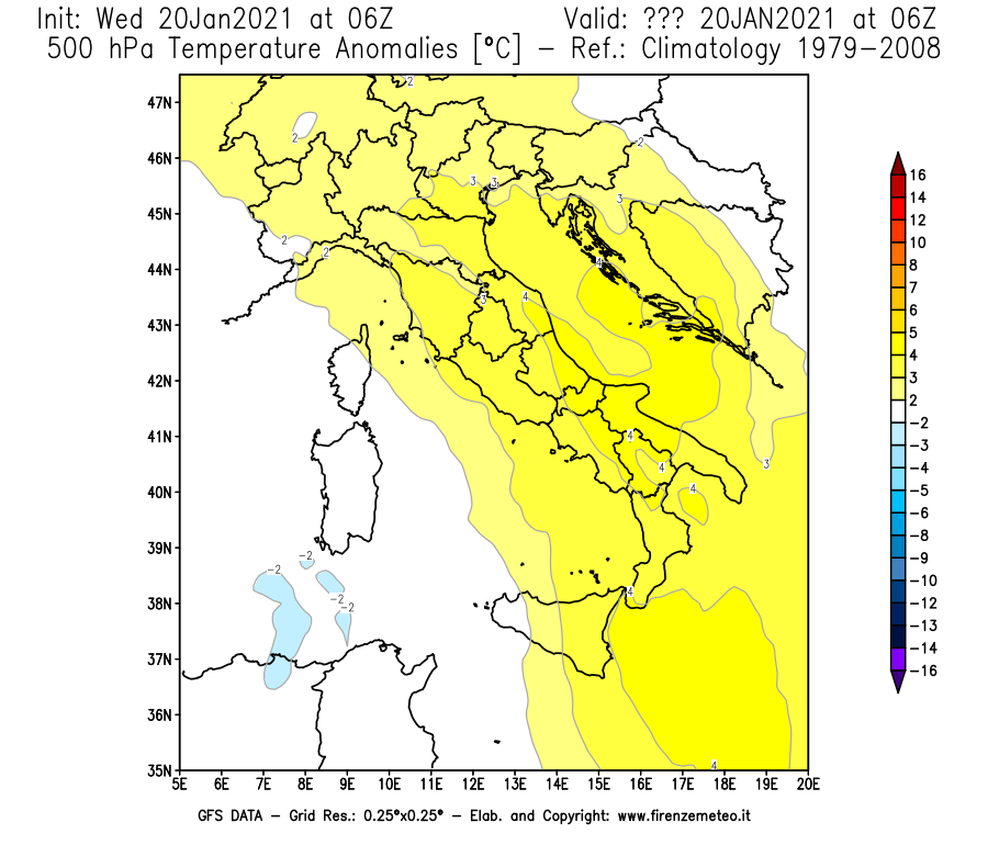 Mappa di analisi GFS - Anomalia Temperatura [°C] a 500 hPa in Italia
							del 20/01/2021 06 <!--googleoff: index-->UTC<!--googleon: index-->