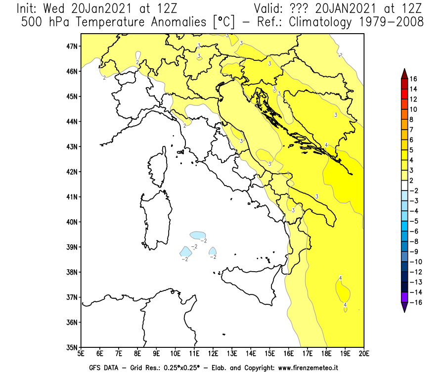 Mappa di analisi GFS - Anomalia Temperatura [°C] a 500 hPa in Italia
									del 20/01/2021 12 <!--googleoff: index-->UTC<!--googleon: index-->