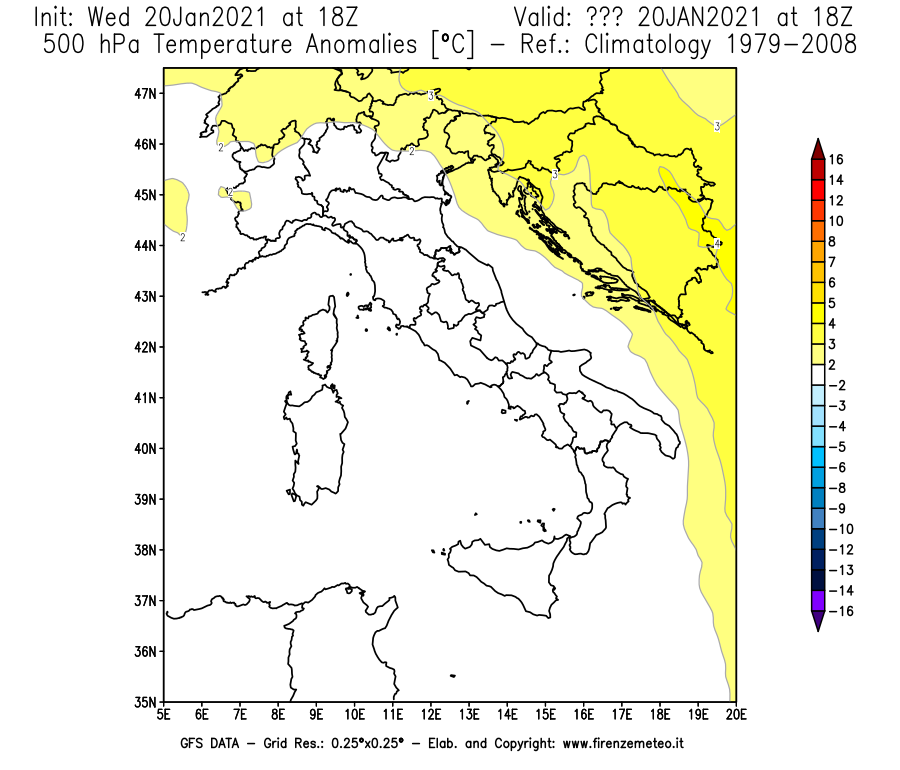 Mappa di analisi GFS - Anomalia Temperatura [°C] a 500 hPa in Italia
							del 20/01/2021 18 <!--googleoff: index-->UTC<!--googleon: index-->