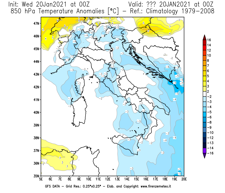 Mappa di analisi GFS - Anomalia Temperatura [°C] a 850 hPa in Italia
							del 20/01/2021 00 <!--googleoff: index-->UTC<!--googleon: index-->