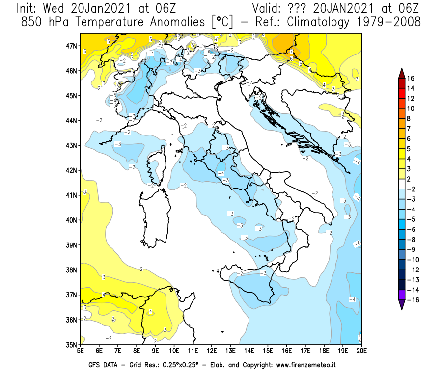 Mappa di analisi GFS - Anomalia Temperatura [°C] a 850 hPa in Italia
									del 20/01/2021 06 <!--googleoff: index-->UTC<!--googleon: index-->