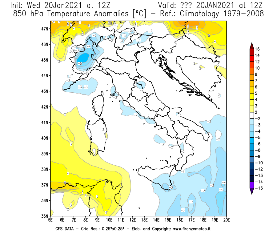 Mappa di analisi GFS - Anomalia Temperatura [°C] a 850 hPa in Italia
									del 20/01/2021 12 <!--googleoff: index-->UTC<!--googleon: index-->