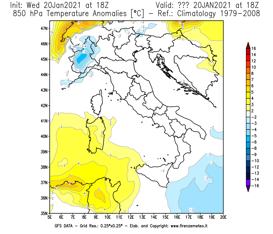 Mappa di analisi GFS - Anomalia Temperatura [°C] a 850 hPa in Italia
							del 20/01/2021 18 <!--googleoff: index-->UTC<!--googleon: index-->