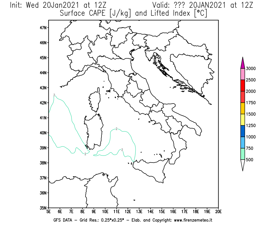 Mappa di analisi GFS - CAPE [J/kg] e Lifted Index [°C] in Italia
							del 20/01/2021 12 <!--googleoff: index-->UTC<!--googleon: index-->
