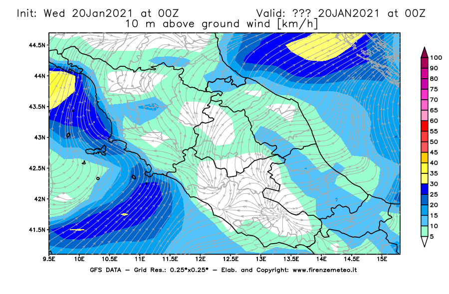 Mappa di analisi GFS - Velocità del vento a 10 metri dal suolo [km/h] in Centro-Italia
							del 20/01/2021 00 <!--googleoff: index-->UTC<!--googleon: index-->