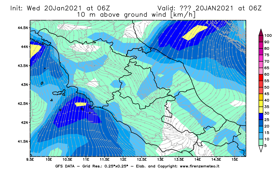 Mappa di analisi GFS - Velocità del vento a 10 metri dal suolo [km/h] in Centro-Italia
									del 20/01/2021 06 <!--googleoff: index-->UTC<!--googleon: index-->