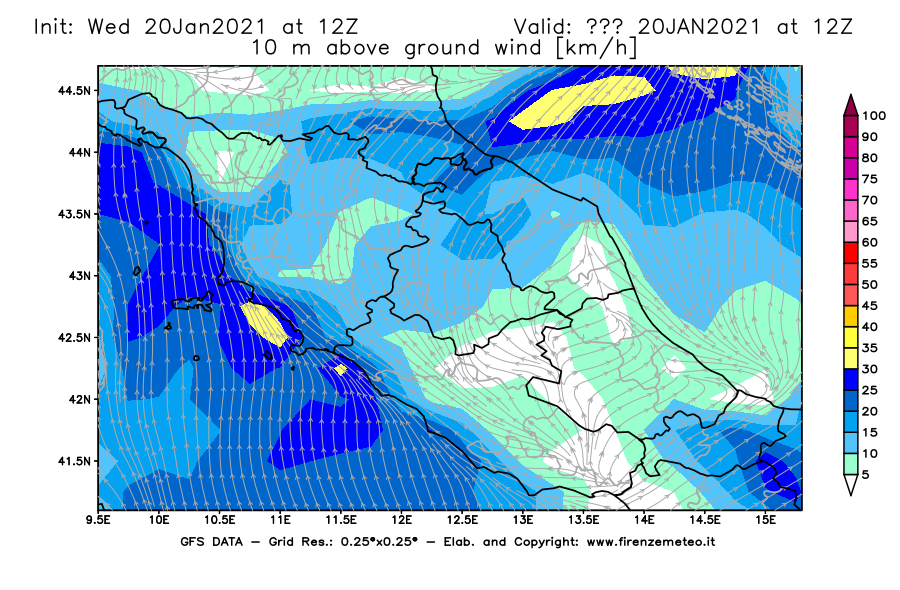 Mappa di analisi GFS - Velocità del vento a 10 metri dal suolo [km/h] in Centro-Italia
									del 20/01/2021 12 <!--googleoff: index-->UTC<!--googleon: index-->