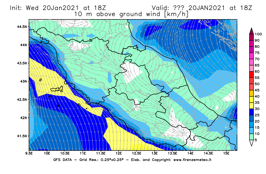 Mappa di analisi GFS - Velocità del vento a 10 metri dal suolo [km/h] in Centro-Italia
									del 20/01/2021 18 <!--googleoff: index-->UTC<!--googleon: index-->