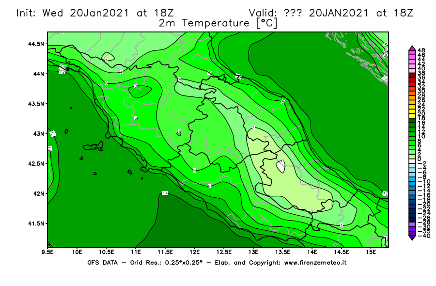 Mappa di analisi GFS - Temperatura a 2 metri dal suolo [°C] in Centro-Italia
									del 20/01/2021 18 <!--googleoff: index-->UTC<!--googleon: index-->